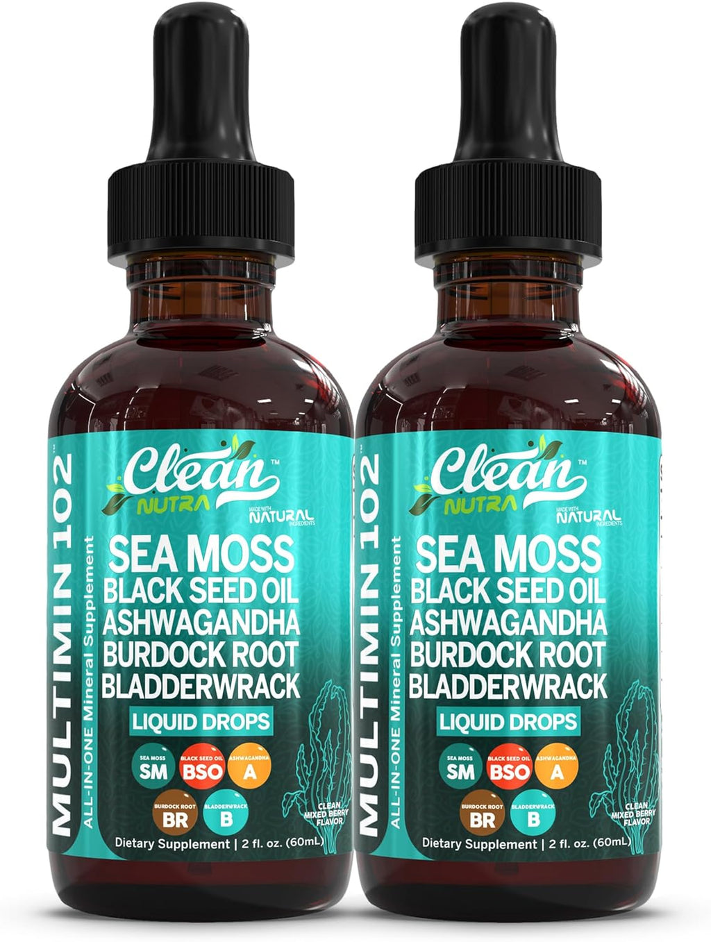 Clean Nutraceuticals Sea Moss Drops Supplement Liquid with Black Seed Oil Ashwagandha Burdock Root & Bladderwrack - Multimineral Organic Non-GMO Vegan for Gut Heath Skin Immune Support Hair (2)