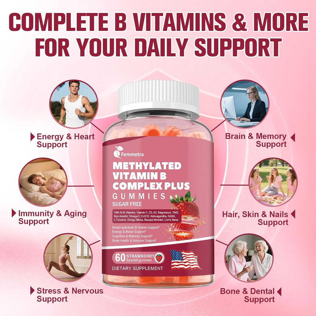 Ultra Methylated Vitamin B Complex Sugar Free Gummies - All B Vitamins + Vitamin C D3 K2 Ashwagandha Magnesium Omega 3 CoQ10 & More for Women Men - Methyl Vitamin B12, B1, B2, B3, B5, B6, B7 & B9
