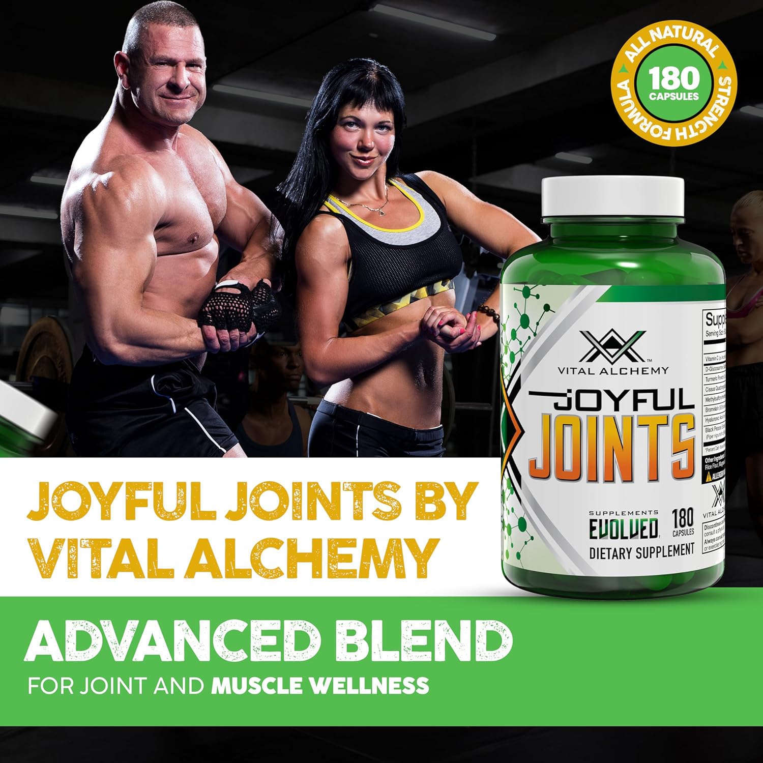 Vital Alchemy Joyful Joints Support Supplement for Women & Men with MSM, Glucosamine Sulfate 1500 mg,Turmeric Supplement with Hyaluronic Acid, Bromelain, Bioperine, 180 Cap, 60 Day Supply - USA Made