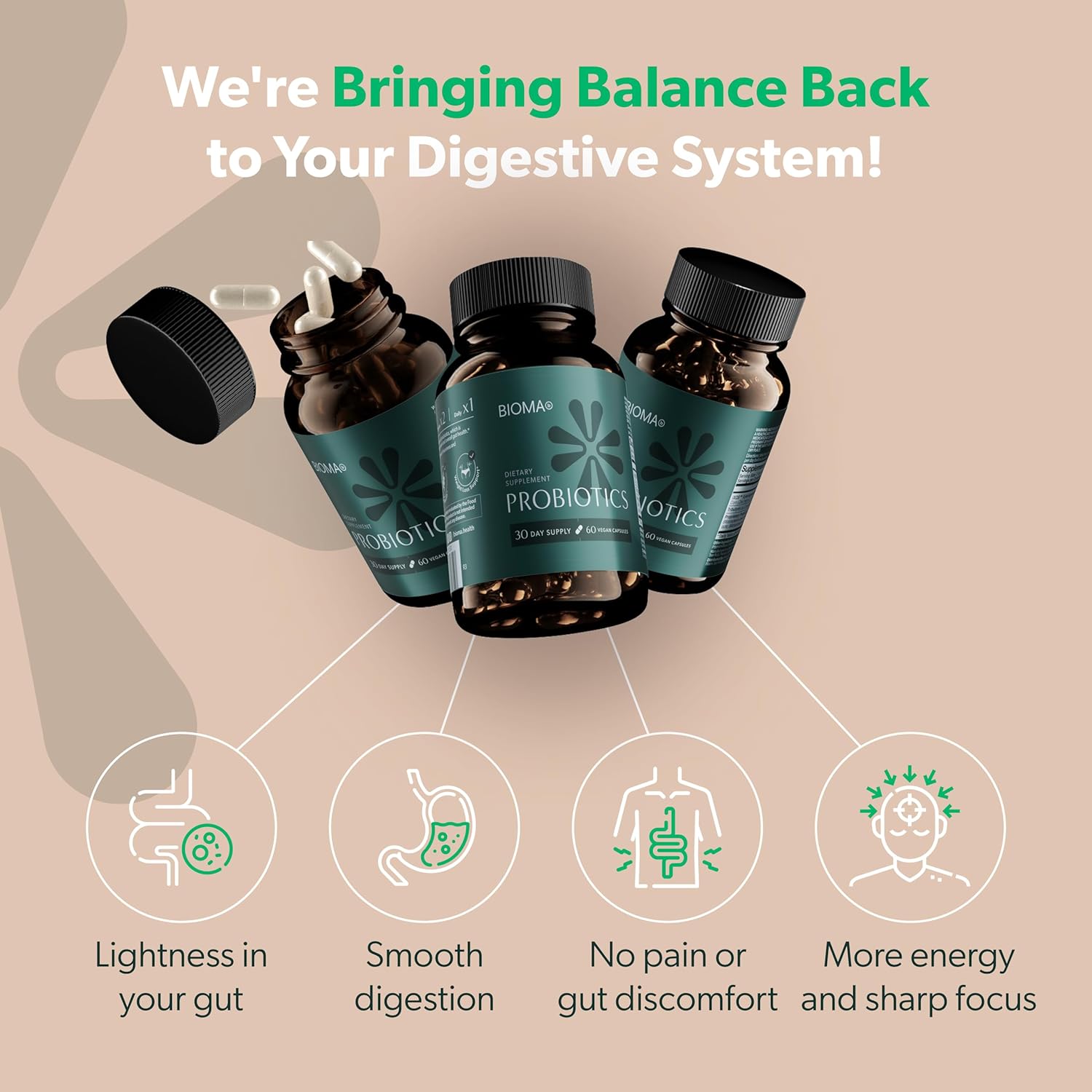 BIOMA Probiotics - Digestive Health Probiotic - Gut Support for Men & Women with Xylooligosaccharides, Tributyrin & Bifidobacterium - Vegan & Gluten Free - 60 Delayed-Release Capsules (30-Day Supply)