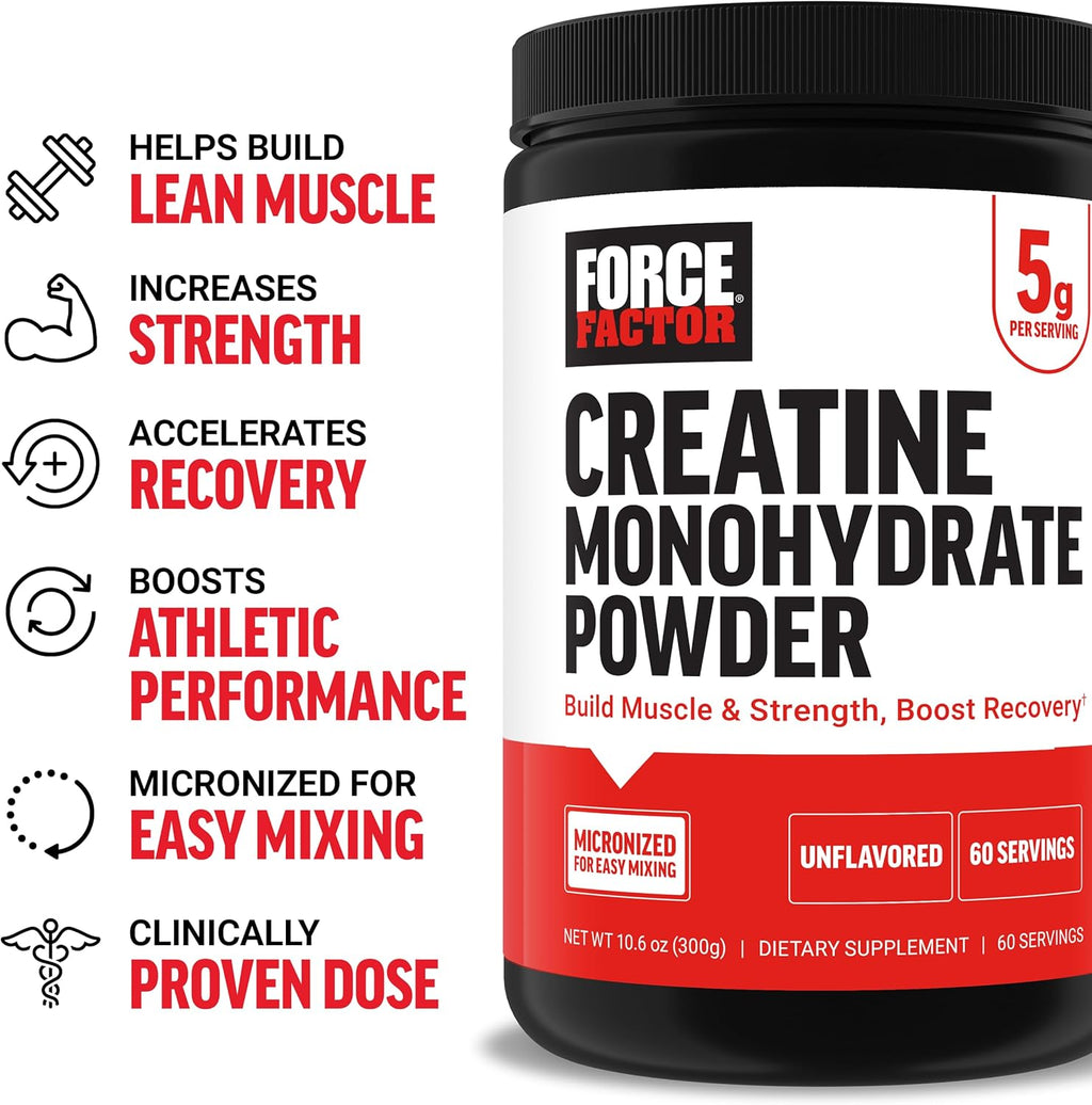 Force Factor Creatine Monohydrate Powder, 5g Micronized Dose to Support Muscle Growth, Strength, Recovery, Cognitive Health & Memory, Unflavored, 60 Servings