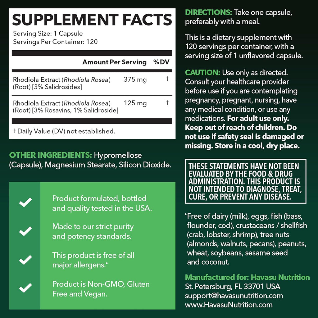 Rhodiola Rosea Supplement - Herbal Adaptogen for Mental and Physical Performance Support (3% Salidrosides, 3% Rosavins Extract) - 120 Count - Vegan, Non-GMO, and Gluten-Free Capsules - 4 Month Supply