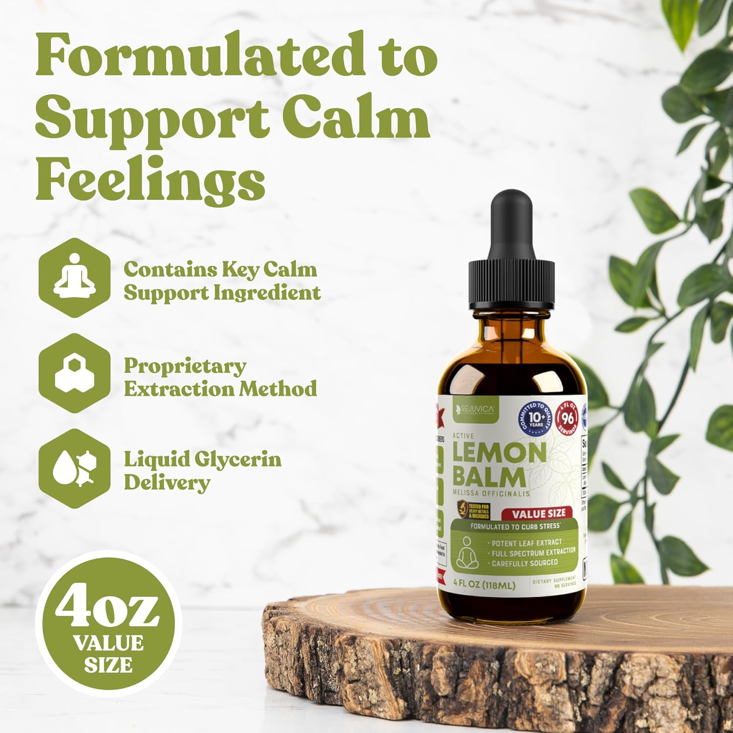 Rejuvica Health Active Lemon Balm 4oz XL Super Size - Advanced Lemon Balm Liquid Extract - Calm Support Drops - Vegan Sugar Free Non GMO Tincture
