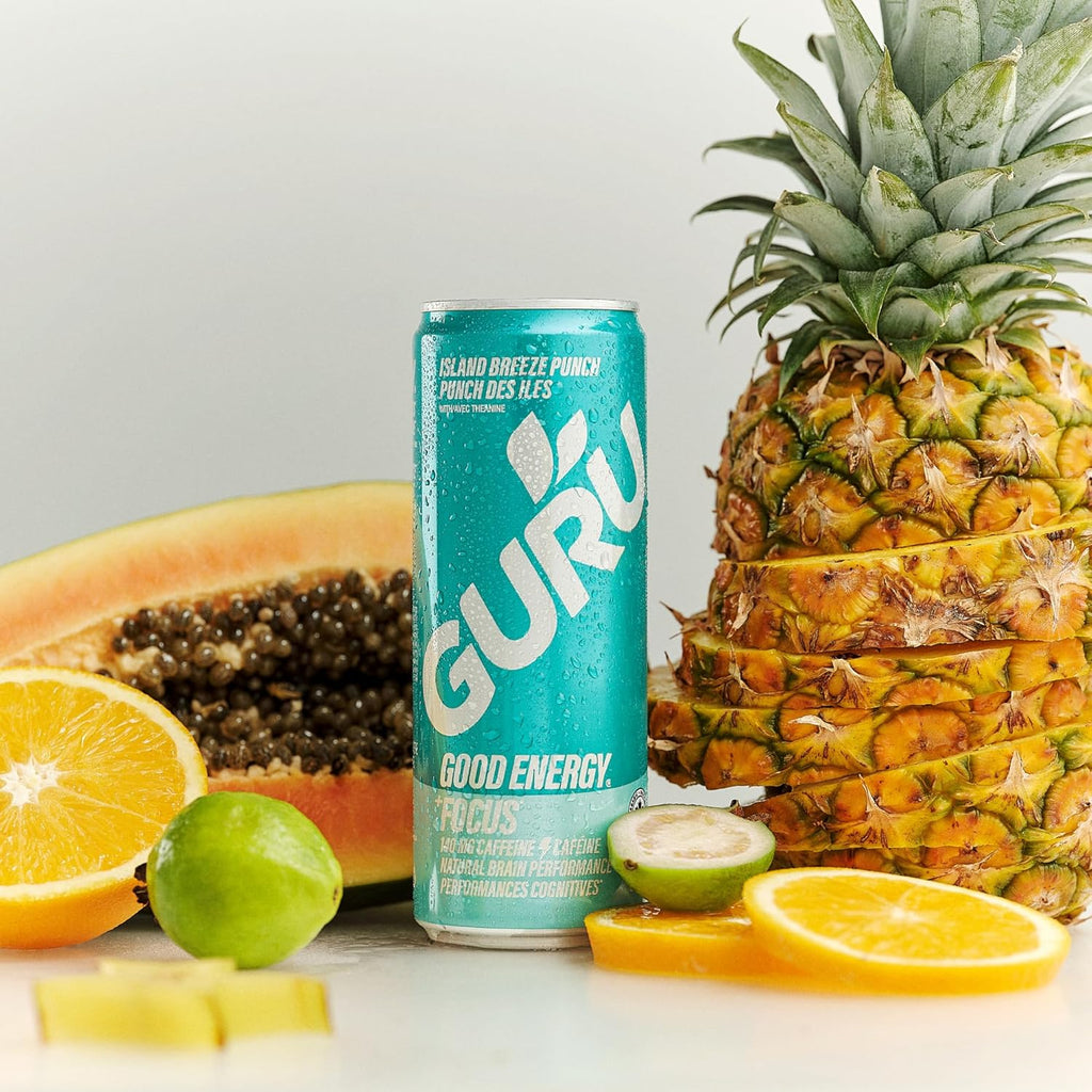 GURU Island Breeze Punch Organic Energy Drinks, Clean Energy Drink with Plant Based Natural Caffeine from Green Tea + Focus with L Theanine, Gluten Free and Vegan, 140MG Caffeine, 12oz (Pack of 24)