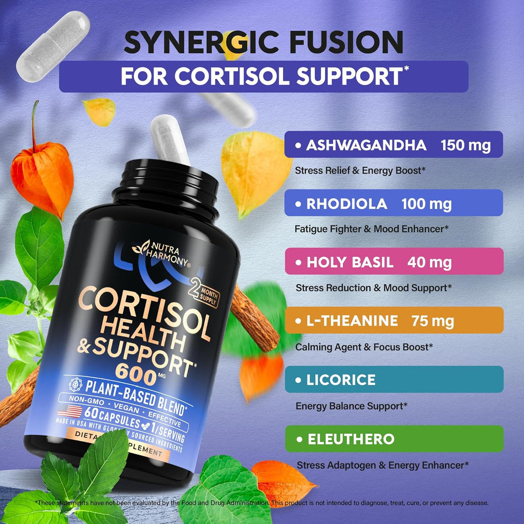 Cortisol Supplement for Women - Holy Basil | Ashwagandha | Rhodiola | L-Theanine - Plant-Based Hormone Balance - Mood, Focus & Sleep Support - Made in USA - Vegan, Non-GMO - Pack of 2, 4 Month Supply