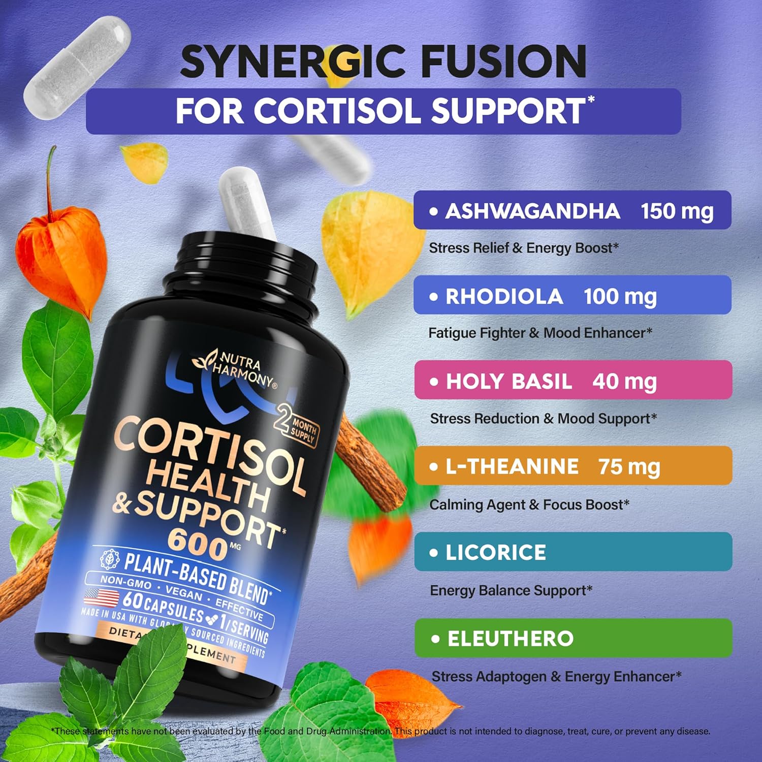 Cortisol Supplement for Women - Holy Basil | Ashwagandha | Rhodiola | L-Theanine - Plant-Based Hormone Balance - Mood, Focus & Sleep Support - Made in USA - Vegan, Non-GMO - Pack of 2, 4 Month Supply