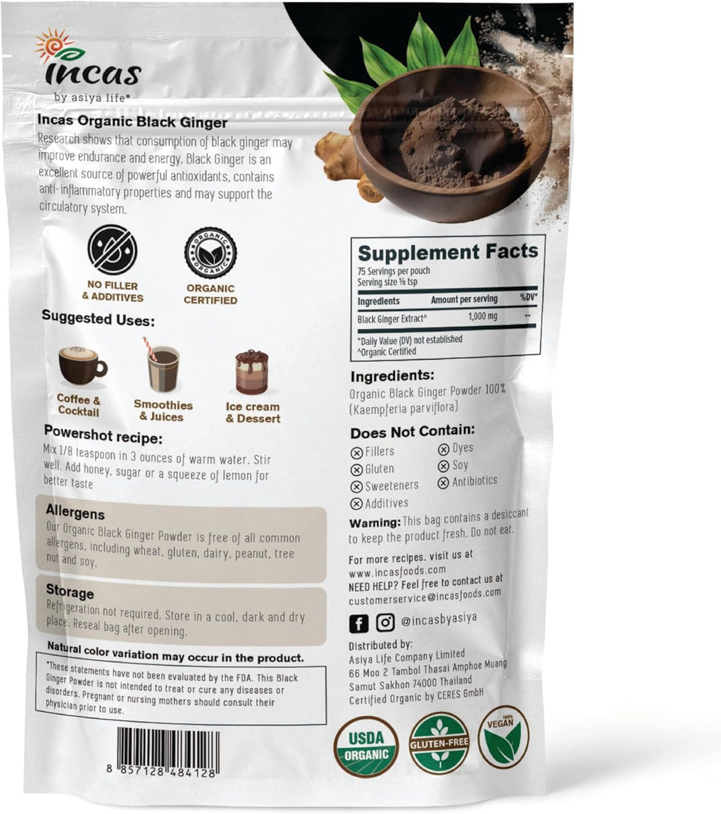 INCAS 100% USDA Organic Thai Black Ginger Powder For Men 2.65 Ounce From Thailand Non GMO Verified Herbal Supplement for Natural Energy & Endurance