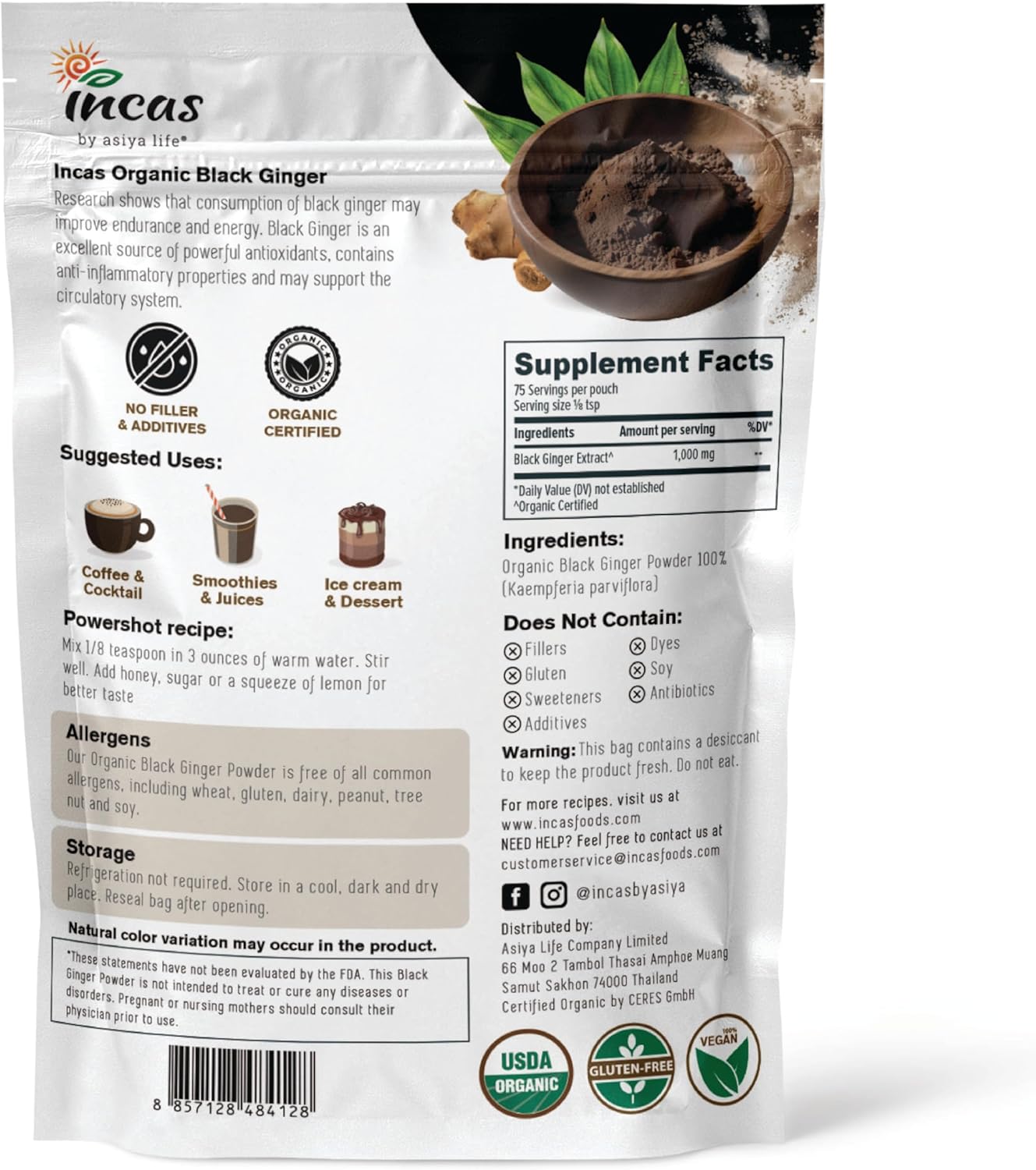 INCAS 100% USDA Organic Thai Black Ginger Powder For Men 2.65 Ounce From Thailand Non GMO Verified Herbal Supplement for Natural Energy & Endurance