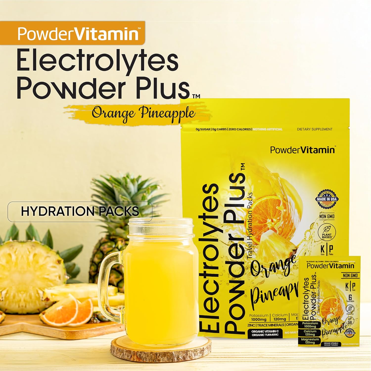 PowderVitamin Electrolytes Powder Plus, Keto, Orange Pineapple, Sugar Free, 1000mg Potassium, 120mg Calcium, 120mg Magnesium, Non-GMO, Zero Calories, 30 Hydration Packets