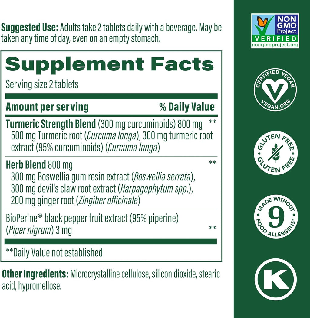MegaFood Turmeric Curcumin Extra Strength - Joint Support Supplement - Turmeric Curcumin with Black Pepper & Boswellia Extract - Vegan - Made Without 9 Food Allergens - 60 Tabs (30 Servings)