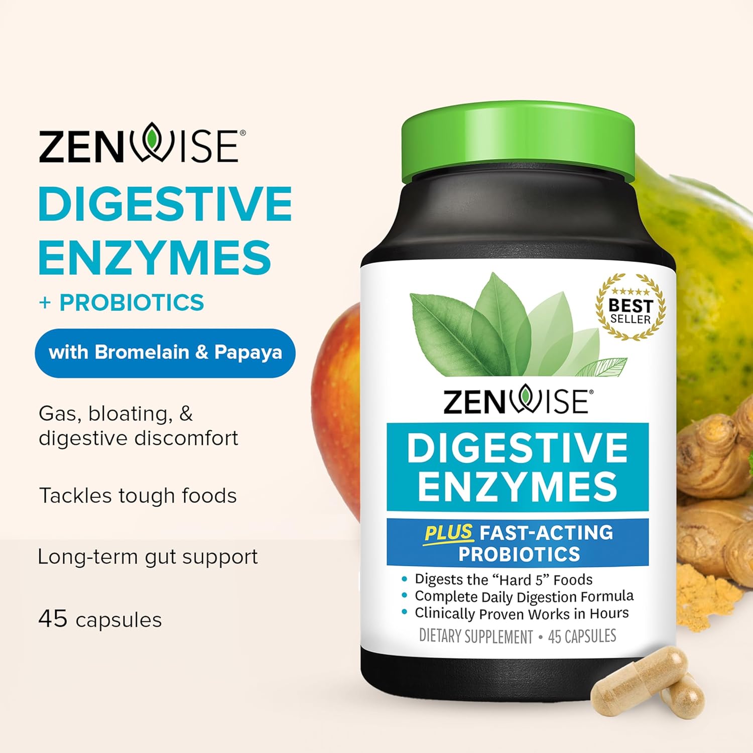 Zenwise Health Digestive Enzymes for Gut Health & Bloating Relief - Multi Enzymes Digestion Supplement with Probiotics, Bromelain & Papaya for Digestive Health Support - Men & Women - 45 Count