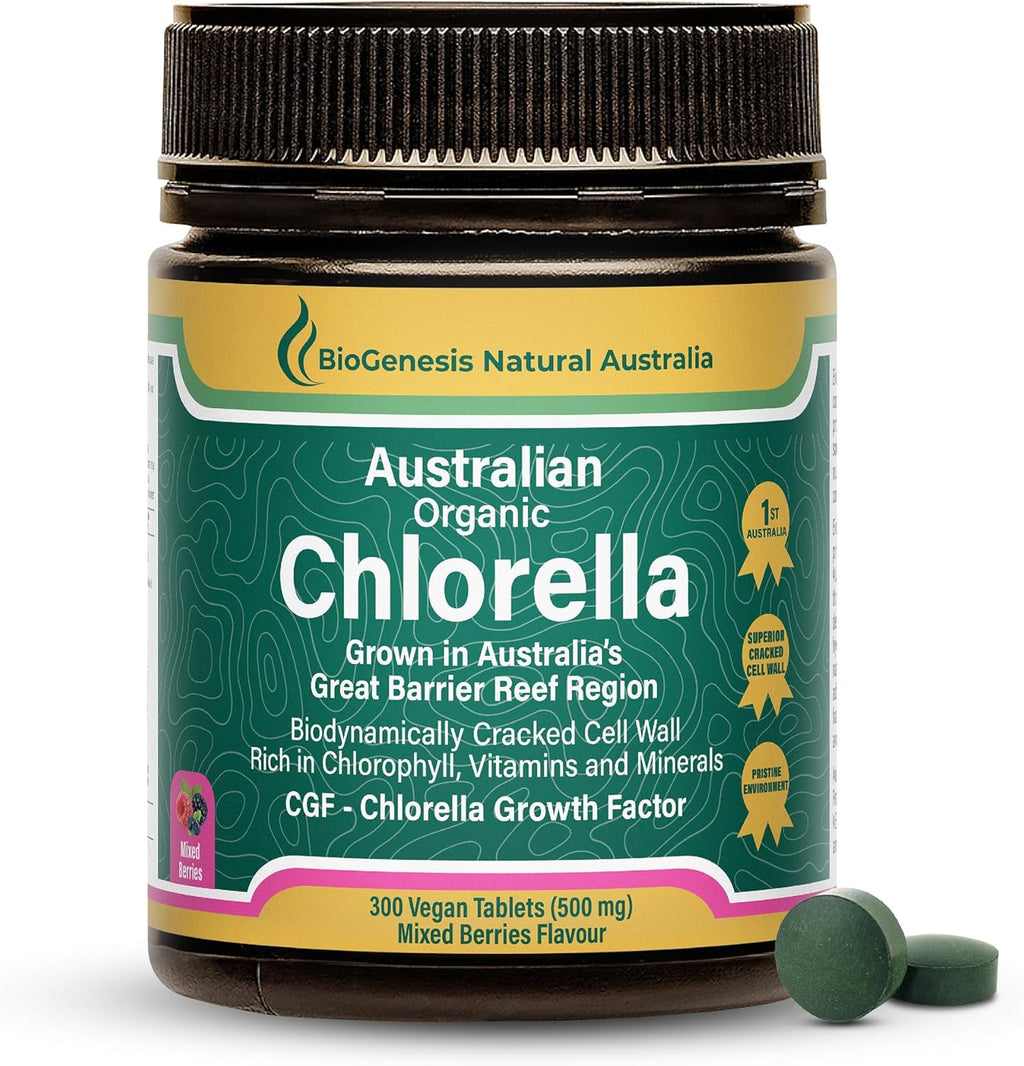Biogenesis Organic Chlorella Tablets – 300 Count (500mg) Mixed Berries | Australian Grown | BioDynamic Cracked Cell Wall | Rich in Chlorophyll, Vitamins & Minerals | Immunity | Vegan Tablets