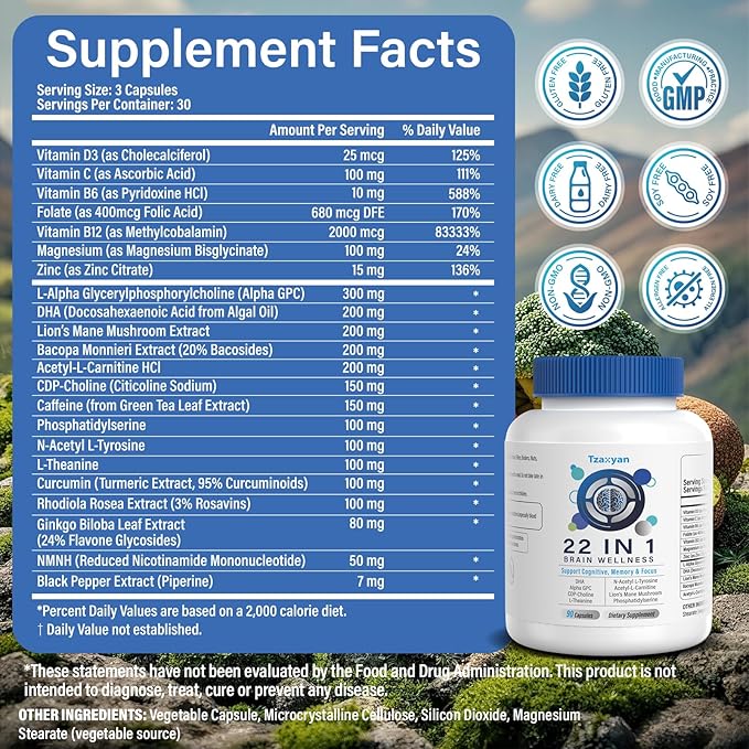 Brain Supplements for Memory and Focus, Clarity & Cognitive Improvement, 300mg Alpha GPC, CDP-Choline, DHA, Lion’s Mane, L-Theanine, Vitamin B6 B12 & Phosphatidylserine for Men & Women, 90 Capsules