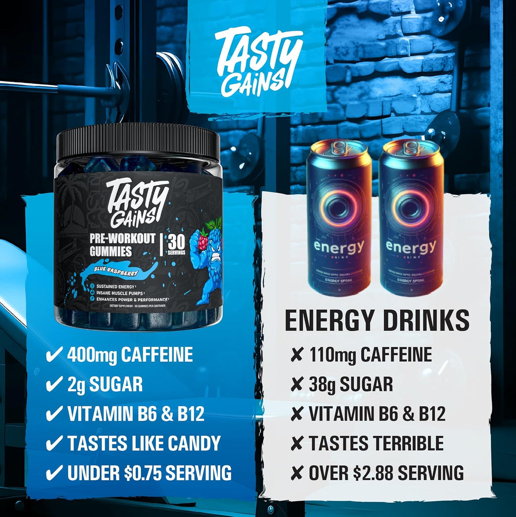 TASTY GAINS - Pre-Workout Gummies – Energy & Focus Boost, Caffeine Gummies for Men & Women, 200mg of Caffeine, Fat-Burning Preworkout for Strength & Endurance, Pineapple Mango Flavor, 60 Count