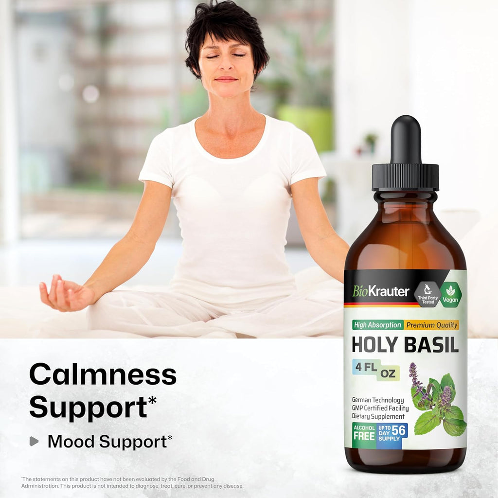 BIO KRAUTER Holy Basil Tincture - Tulsi Powder Liquid Extract - Supports Calmness and Relaxation - Ursolic Acid Supplement - Alcohol and Sugar Free Holy Basil Extract - Vegan Drops 4 Fl.Oz.