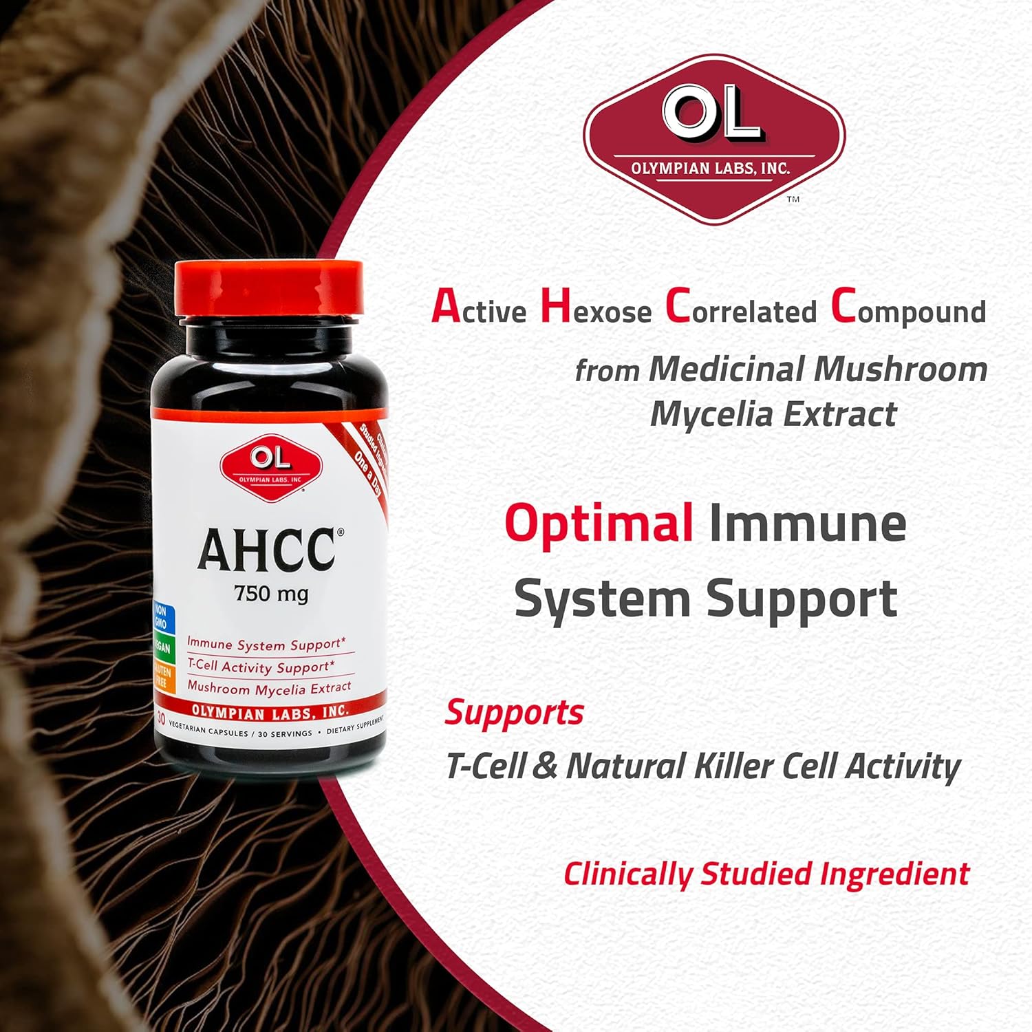 Olympian Labs Premium AHCC Supplement 750mg of AHCC per Capsule – Supports Immune Health, Liver Function, and Natural Killer Cell Activity- 30 Capsules