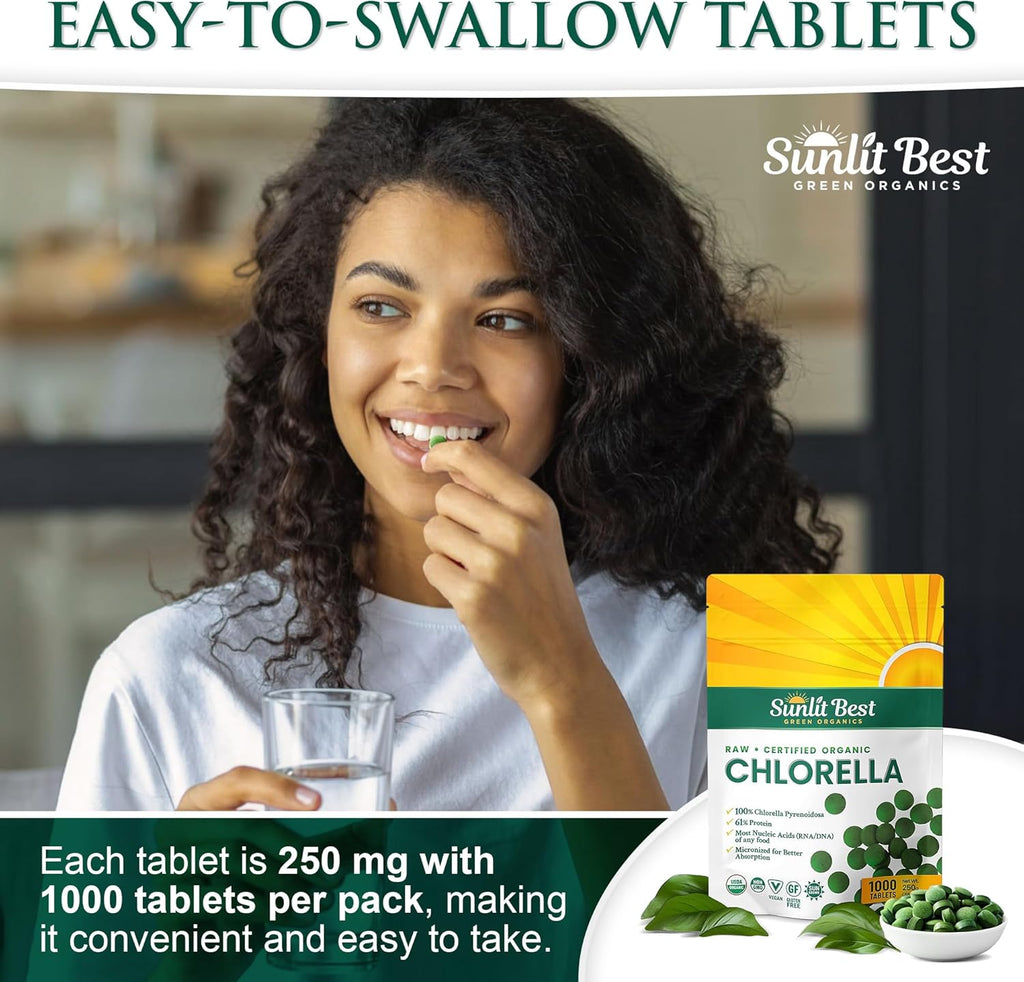 Sunlit Best USDA Organic Premium Chlorella Tablets 1000 Count | 100% Pure Chlorella Superfood Supplement High in Protein, Chlorophyll, Vitamins, & Minerals | Supports Good Health, Wellbeing