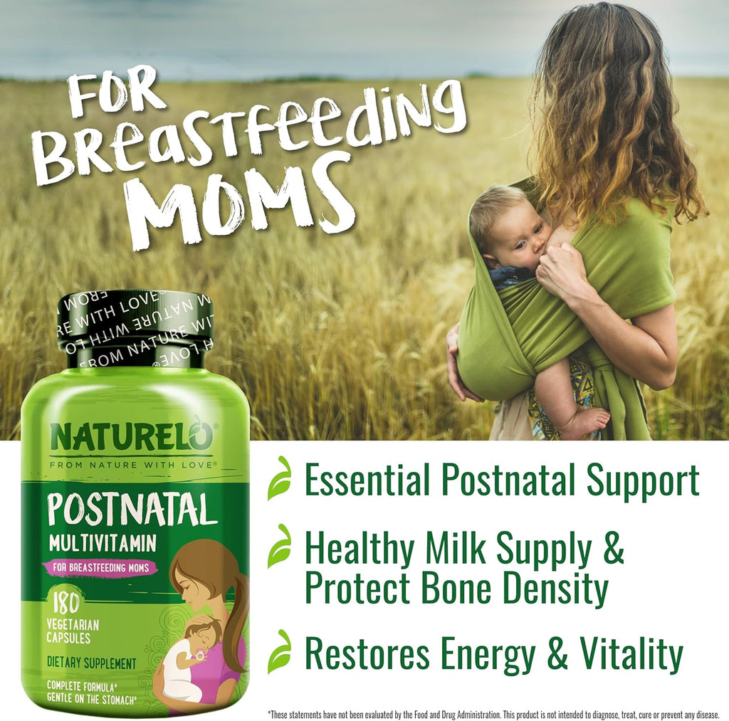 NATURELO Postnatal Multivitamin - Supplement for Breastfeeding Women - Plant-Based Vitamin D, Folate, Gentle Iron - for Nursing Mother, Baby - Post Natal Lactation Support 180 Capsules
