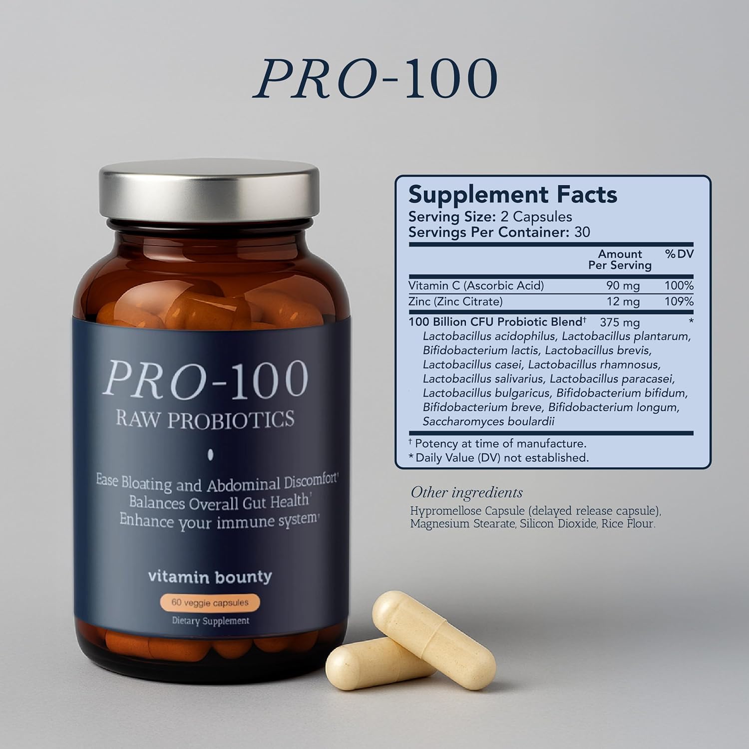 Vitamin Bounty Pro-100 Probiotic 100 Billion CFU - 13 Strains for Digestive Health & Immune Support - High Potency Probiotics for Women & Men - Delayed Release Capsules for Gut Health - 60 Count