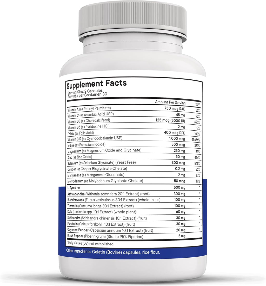 Thyroid Support Supplement for Women & Men with Iodine, B12, Zinc, Selenium, Ashwagandha, Bladderwrack, Turmeric, Schisandra - Non-GMO, Vegetarian - 180 Count