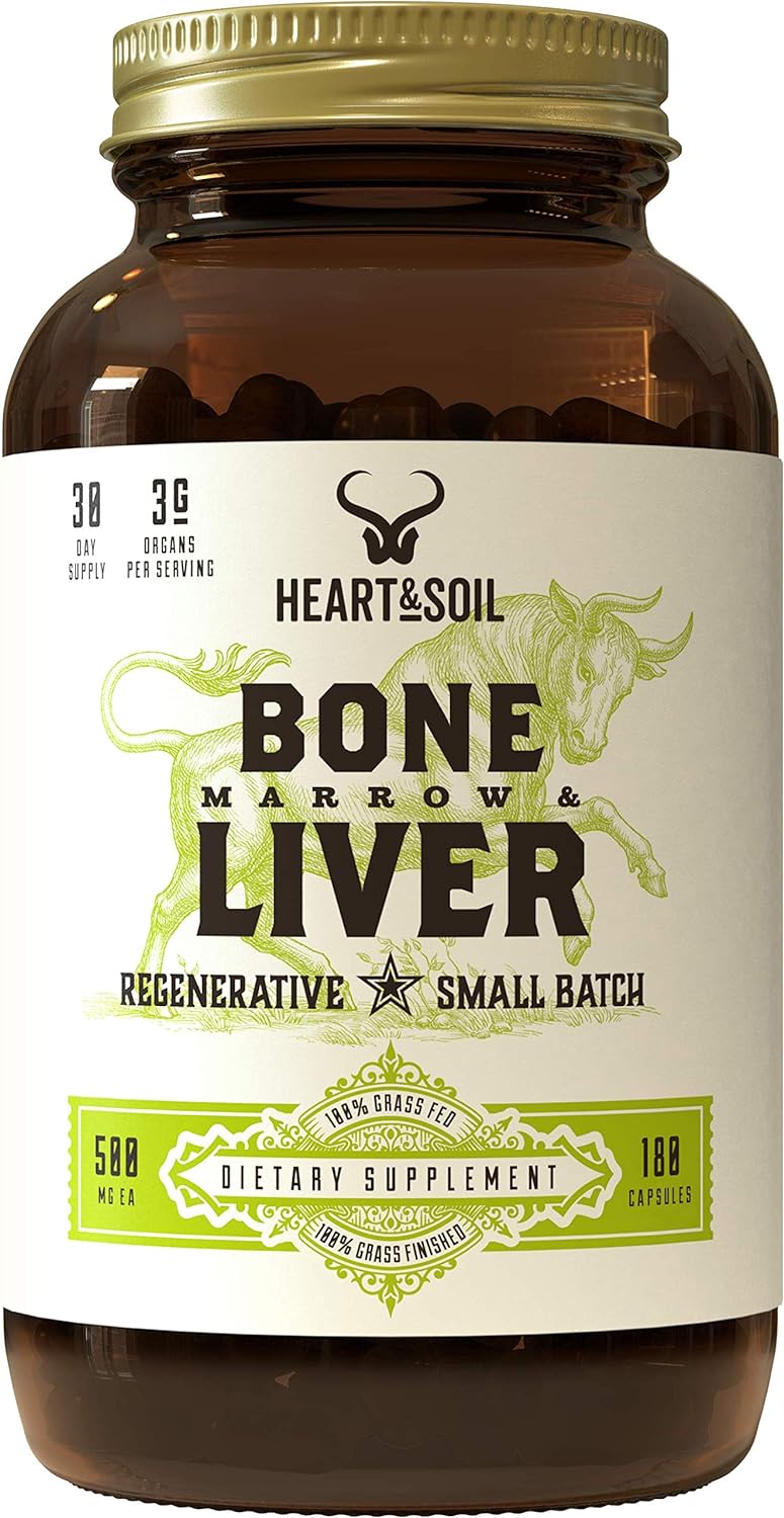 HEART & SOIL - Grass-Fed Bone Marrow and Beef Liver Supplement – 3000mg, Desiccated Organ Blend for Mood, Bone, Joint, Tissue, Skin Health - Non-GMO, Allergen-Free – 180 Capsules