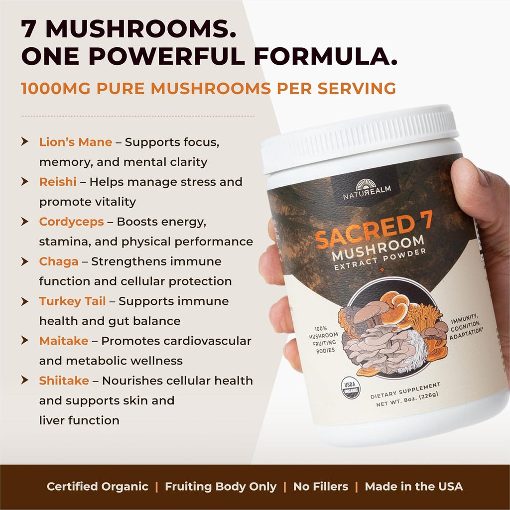 Sacred 7 Mushroom Coffee Booster | Organic Mushroom Supplement Powder – Lions Mane, Reishi, Chaga & More | Adaptogen + Nootropic | 100% Fruiting Bodies | Mix with Coffee,Tea, Smoothies - 60 Servings