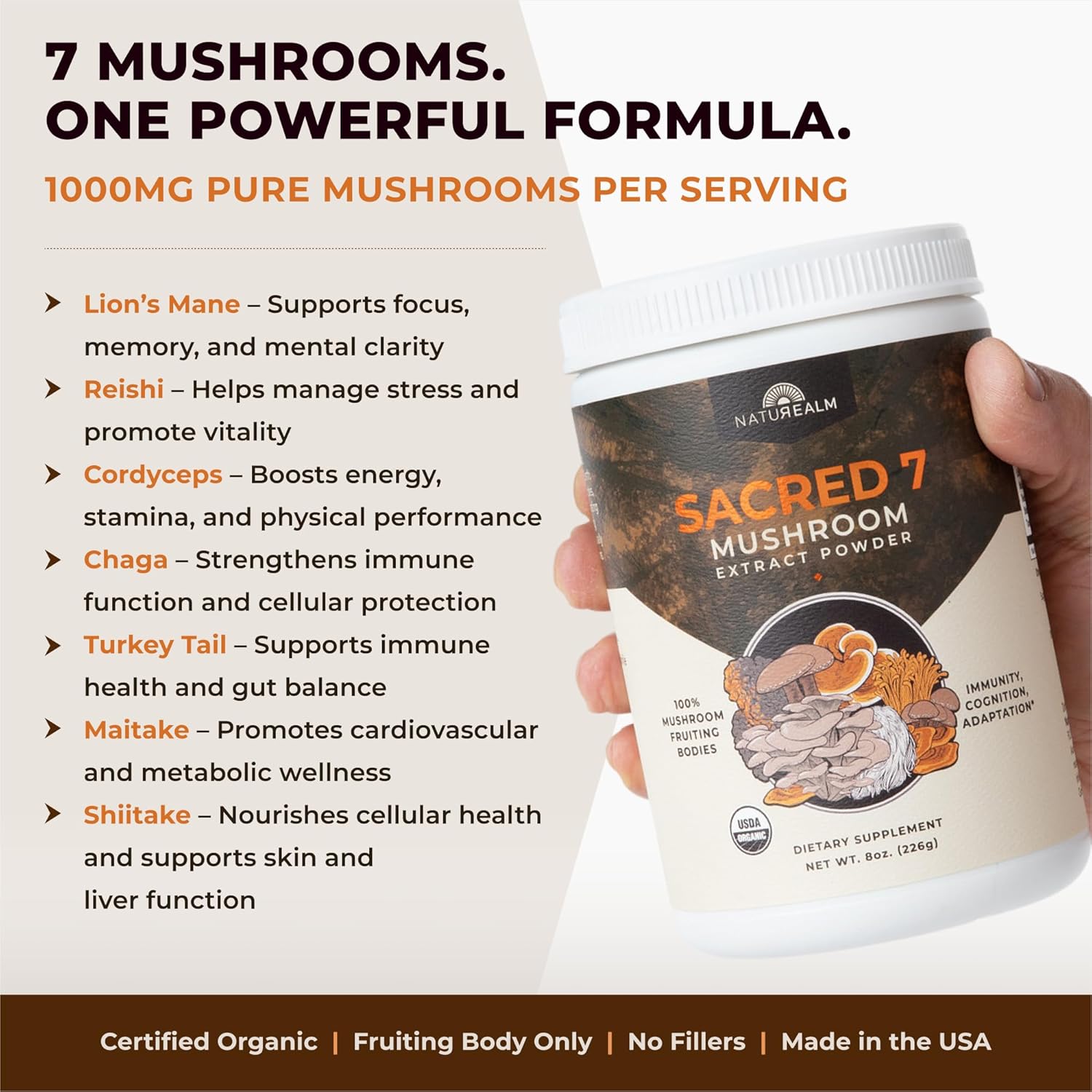 Sacred 7 Mushroom Coffee Booster | Organic Mushroom Supplement Powder – Lions Mane, Reishi, Chaga & More | Adaptogen + Nootropic | 100% Fruiting Bodies | Mix with Coffee,Tea, Smoothies - 60 Servings