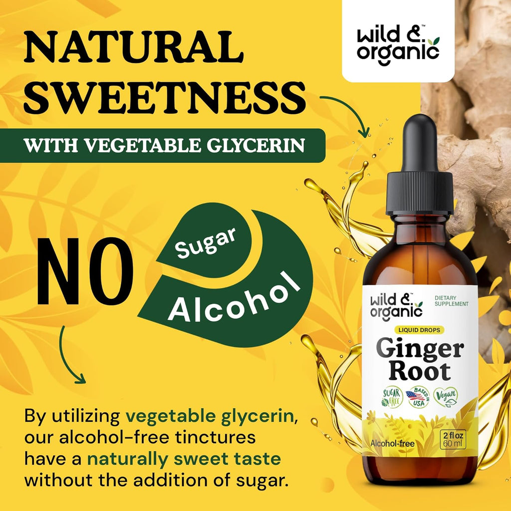 Wild & Organic Ginger Extract Liquid Drops - Immune & Digestive Support - Liquid Ginger Root Supplement - Vegan, Sugar & Alcohol-Free Tincture - 2 fl oz