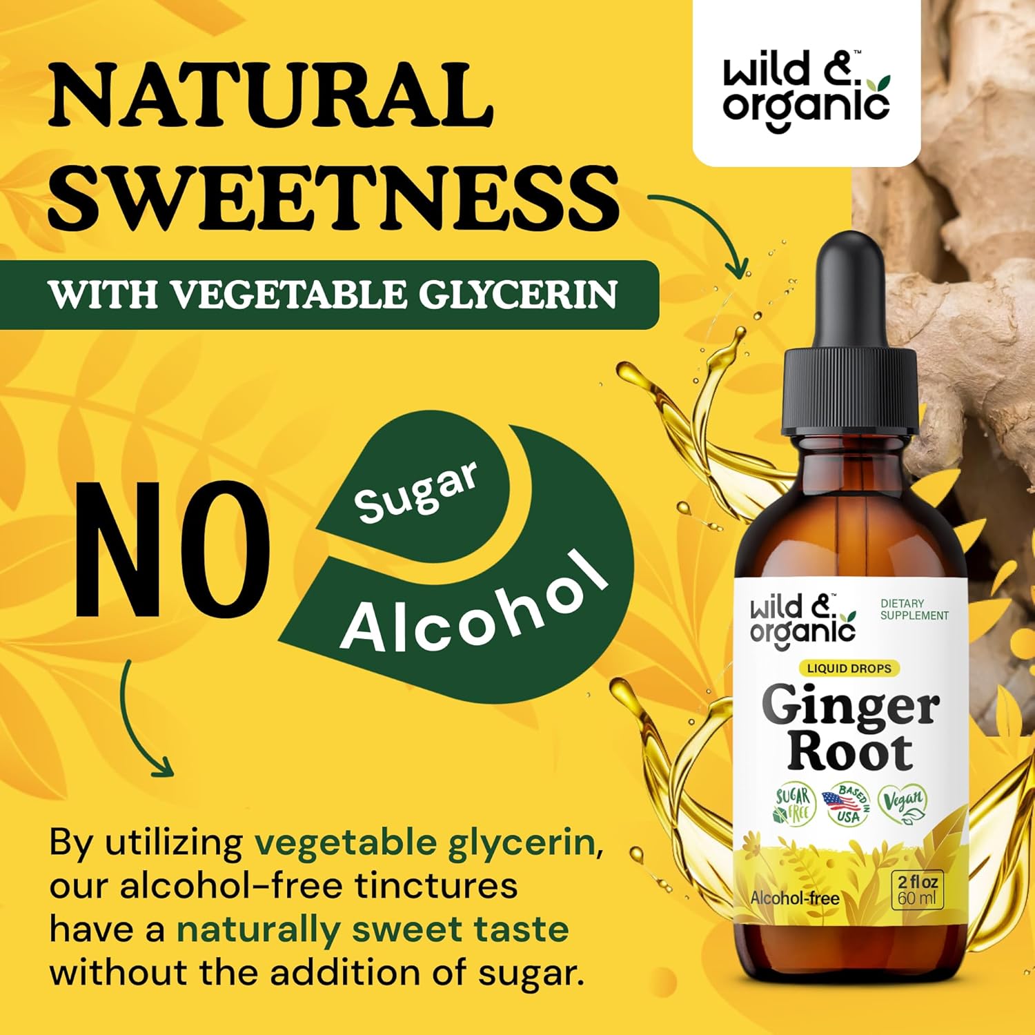 Wild & Organic Ginger Extract Liquid Drops - Immune & Digestive Support - Liquid Ginger Root Supplement - Vegan, Sugar & Alcohol-Free Tincture - 2 fl oz