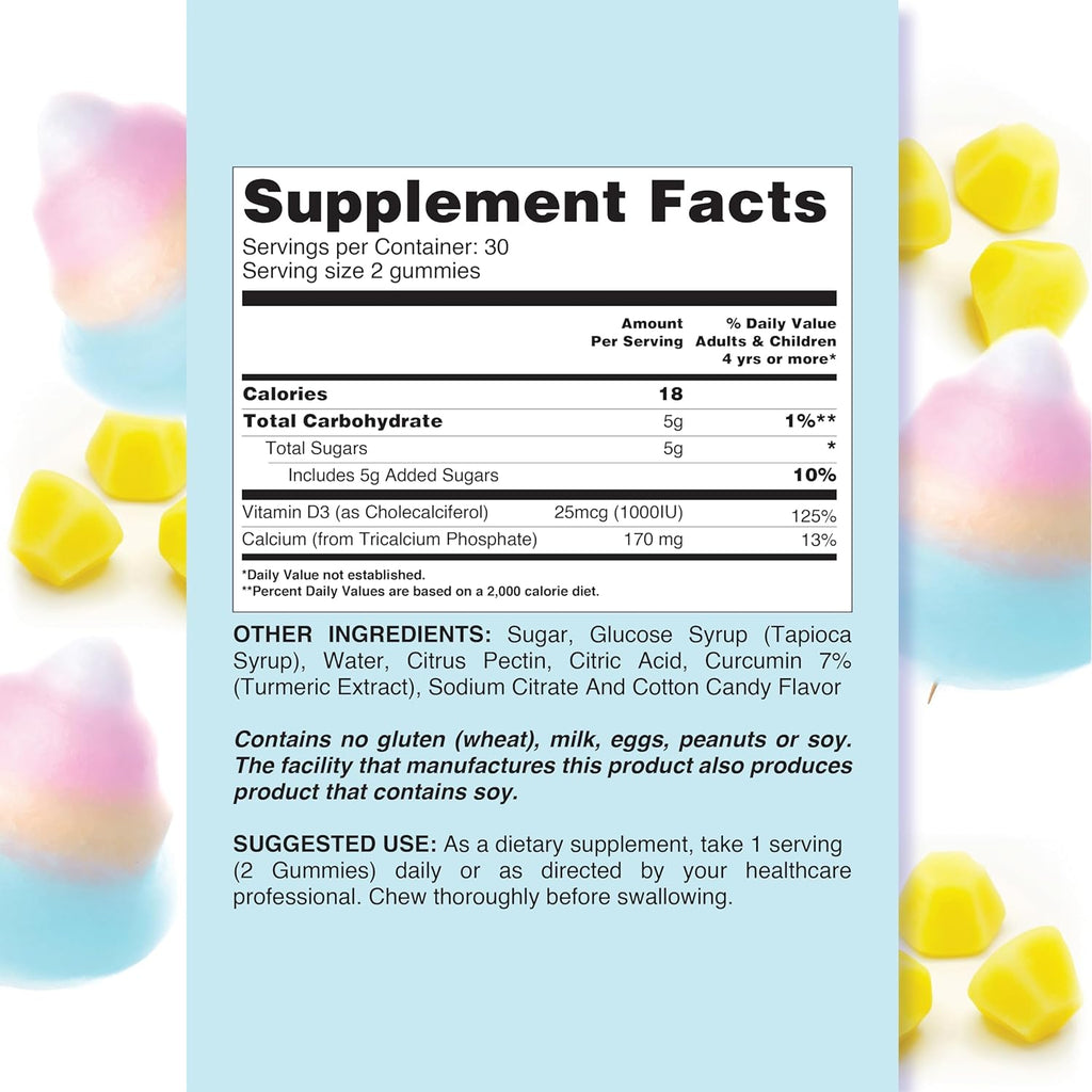 Calcium & Vitamin D3 Gummies – 170mg Calcium + Vitamin D3 Per Serving | Sugar Free, Vegan, Gluten‑Free & Kosher | Calcium Supplement for Bone & Muscle Support | Cotton Candy Flavor – 120 Count