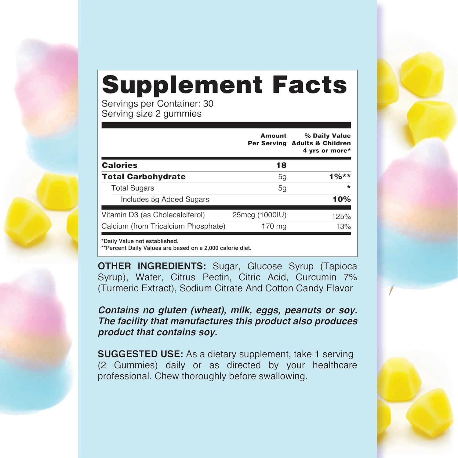 Calcium & Vitamin D3 Gummies – 170mg Calcium + Vitamin D3 Per Serving | Sugar Free, Vegan, Gluten‑Free & Kosher | Calcium Supplement for Bone & Muscle Support | Cotton Candy Flavor – 60 Count