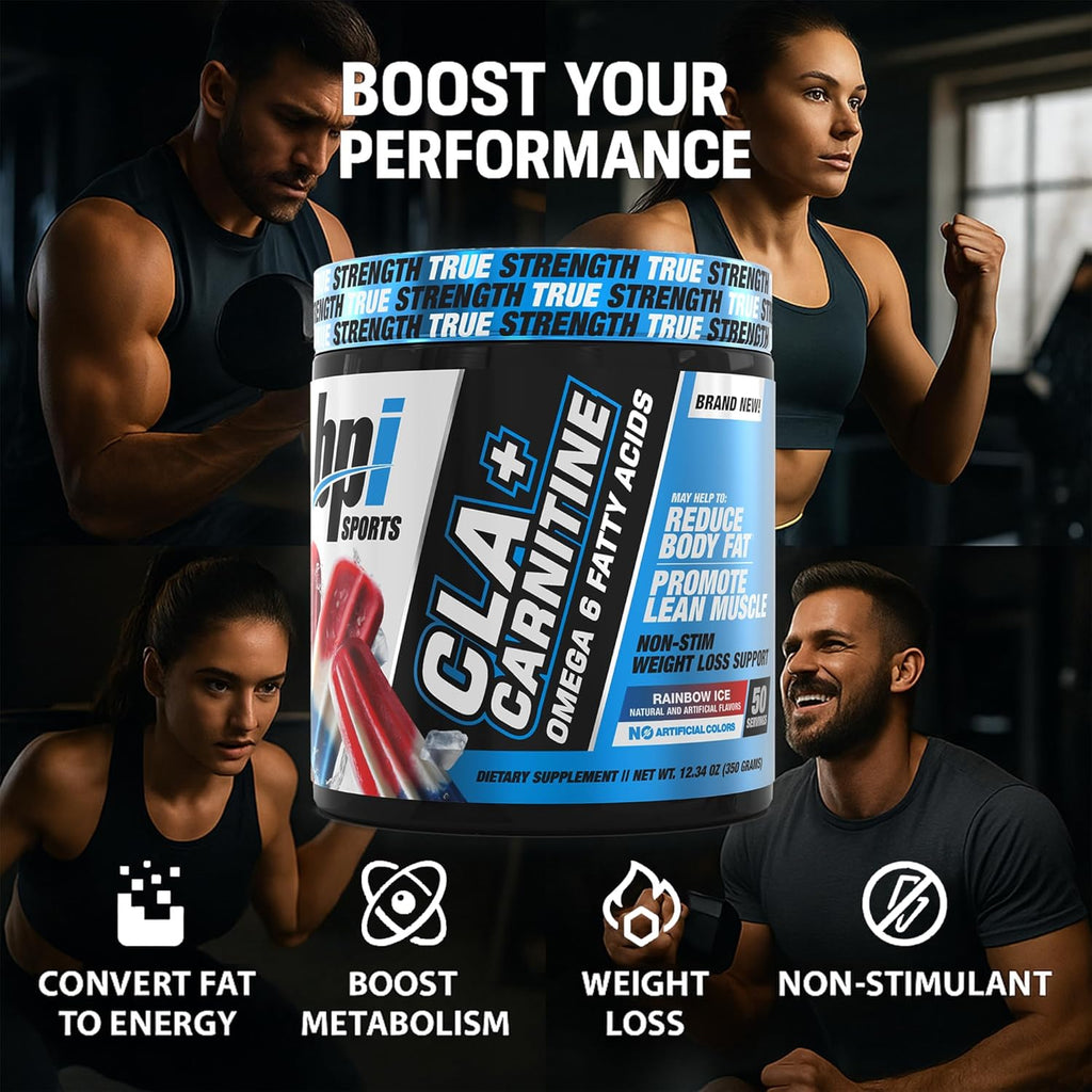 BPI Sports CLA+Carnitine – CLA L Carnitine & Linoleic Acid – L Carnitine Supplement for Weight Loss, Metabolism & Lean Muscle – Caffeine Free – Rainbow Ice – 50 Servings – 12.34 oz