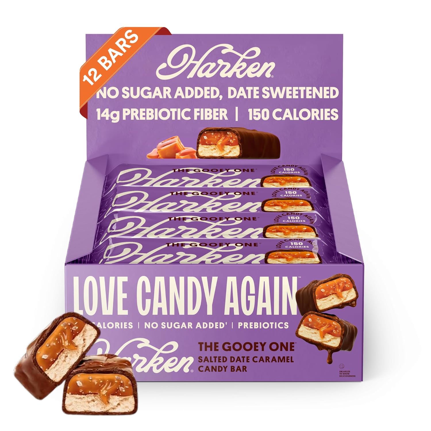 Harken Sweets The Gooey One, Oat Milk Chocolate Candy Bars with Date Caramel, Sweetened with Dates and No Sugar Added, High Fiber, Nut-Free, Gluten-Free, Plant-Based, 12 Bars