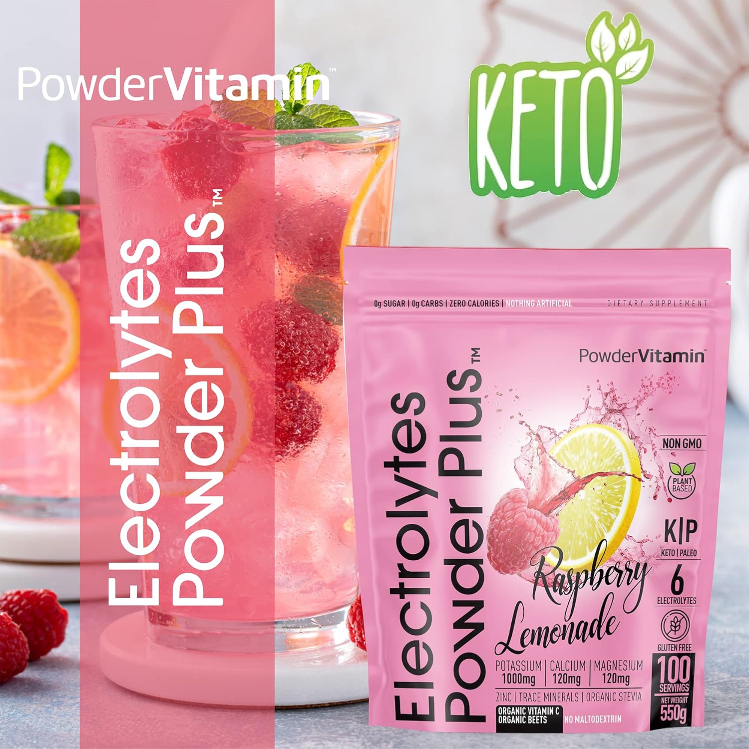 PowderVitamin Electrolytes Powder Plus (100 Servings) Raspberry Lemonade Electrolyte Powder, Zero Calorie, Keto, Zero Sugar, No Maltodextrin, 1000mg Potassium,120mg Calcium,120mg Magnesium, Hydration