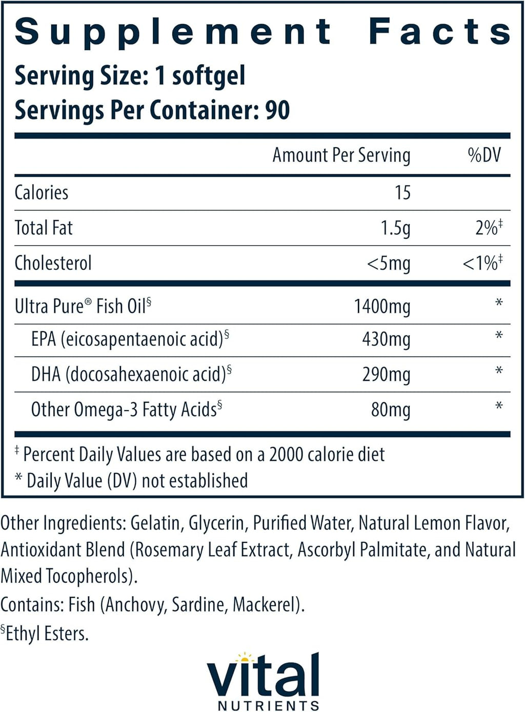 Vital Nutrients Ultra Pure® Fish Oil 800 | Supports Heart, Brain, & Immune Health* | Sustainably Sourced High EPA & DHA Omega-3 Fatty Acid | Lemon Flavor | Gluten, Dairy, Soy Free | 90 Softgels