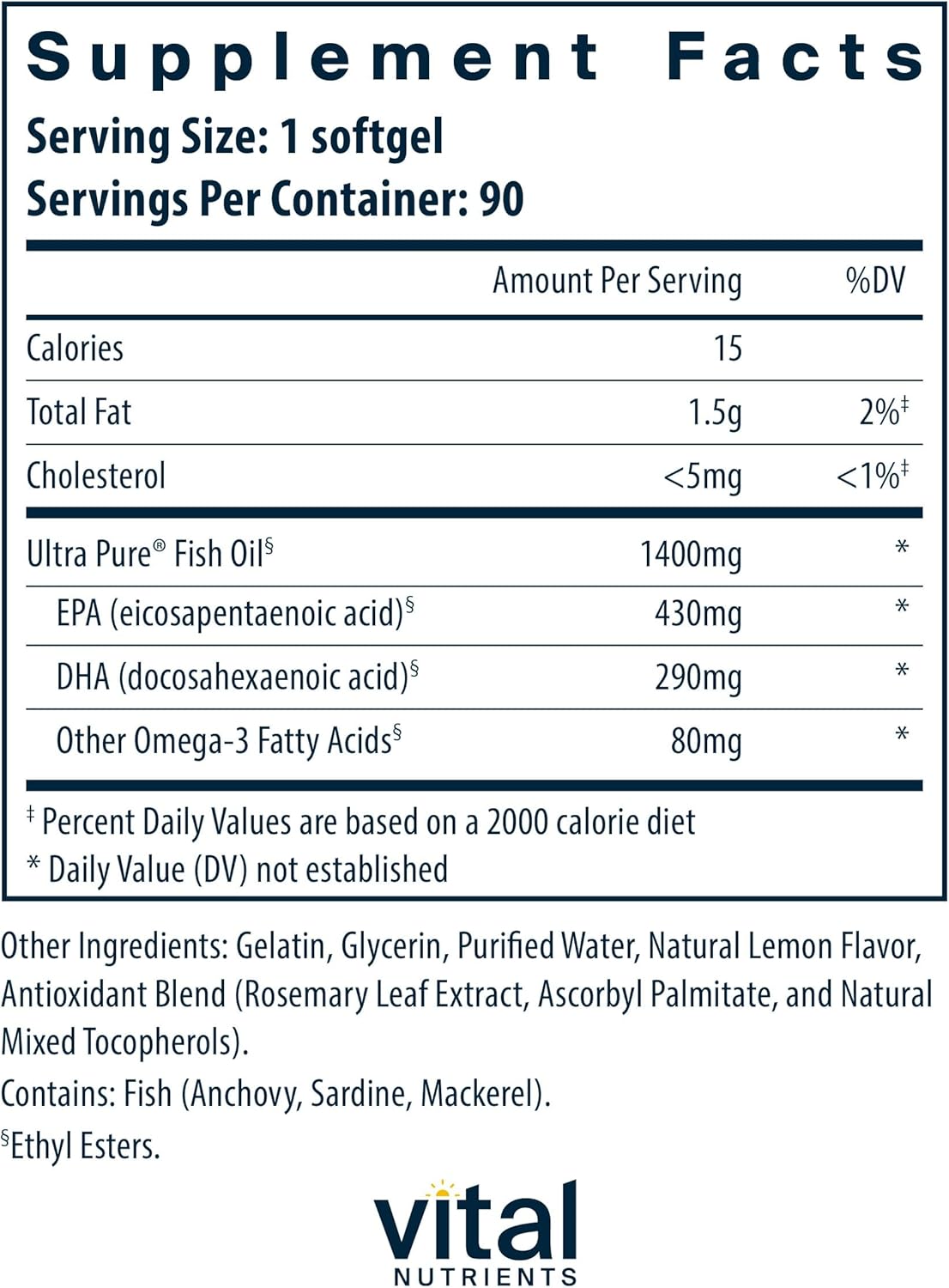 Vital Nutrients Ultra Pure® Fish Oil 800 | Supports Heart, Brain, & Immune Health* | Sustainably Sourced High EPA & DHA Omega-3 Fatty Acid | Lemon Flavor | Gluten, Dairy, Soy Free | 90 Softgels