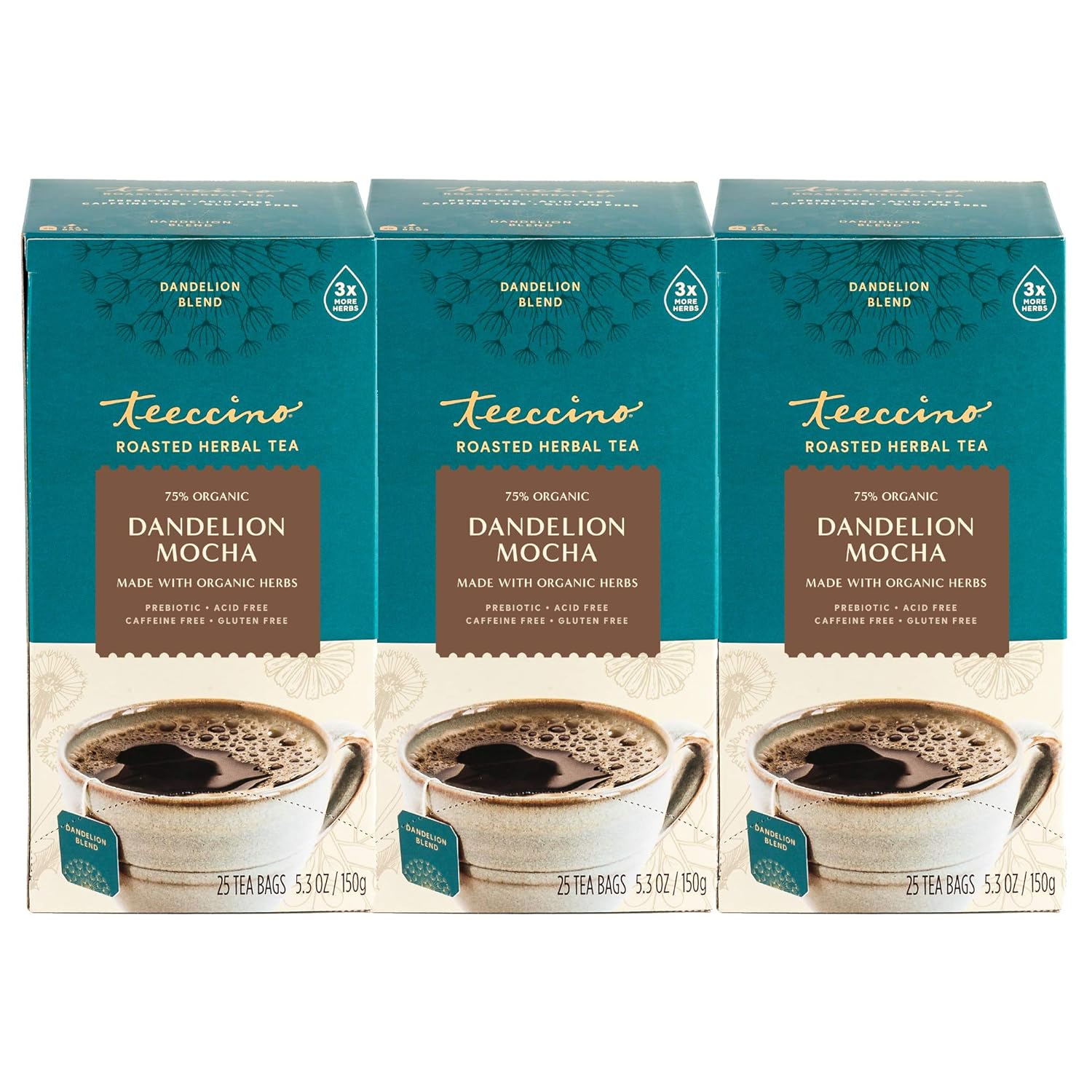 Teeccino Dandelion Mocha Tea - Caffeine-Free, Roasted Herbal Tea with Prebiotics, 3x More Herbs than Regular Tea Bags - Gluten-Free, Acid-Free Coffee Alternative - 25 Tea Bags (Pack of 3)