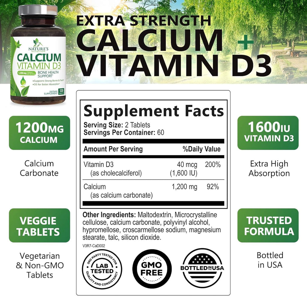 Calcium Supplement with Vitamin D - 1200 mg Calcium Carbonate with 1600 IU of D3 Vitamins - Supports Bone Strength, Teeth & Immune System - Natural & Easily Absorbable for Women & Men - 120 Tablets