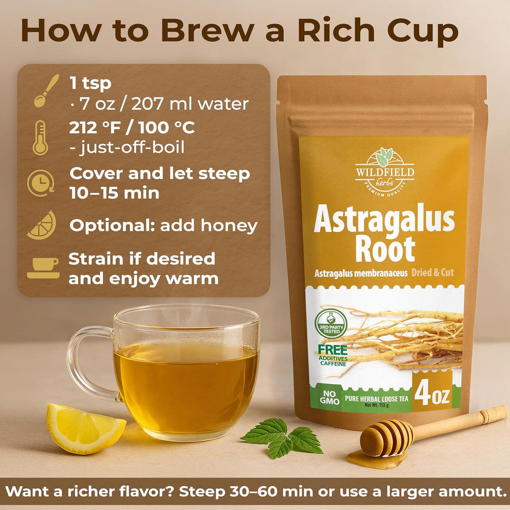 WILDFIELD HERBS 4 oz. Astragalus Root Herbal Tea – 113g Dried Astragalus Root Tea Huang Qi Raíz de Astrágalo