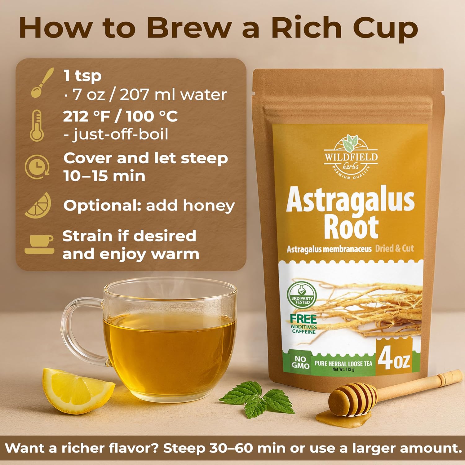 WILDFIELD HERBS 4 oz. Astragalus Root Herbal Tea – 113g Dried Astragalus Root Tea Huang Qi Raíz de Astrágalo