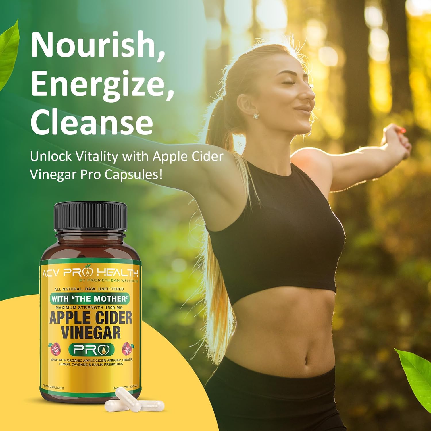 ACV Pro Apple Cider Vinegar Capsules Certified Organic with Mother ACV Pills Detox Cleanse Acid Reflux Relief Support Supplement Ginger Root Cayenne Pepper Powder
