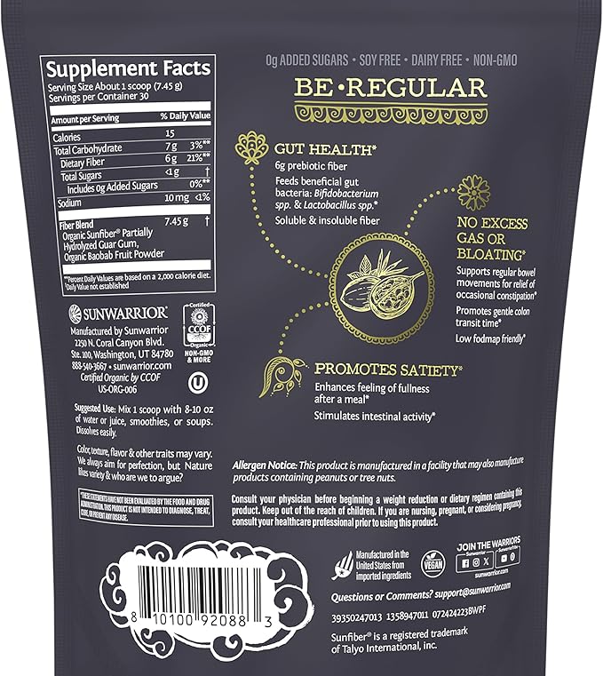 Fiber Supplement Prebiotic Organic | Vegan Fiber Supplement Plant-Powered Gut Health Booster with Pure Ingredients for Digestive Harmony | Vegan & Non-GMO | 8oz Pouch (30 SRV) Be Well by Sunwarrior