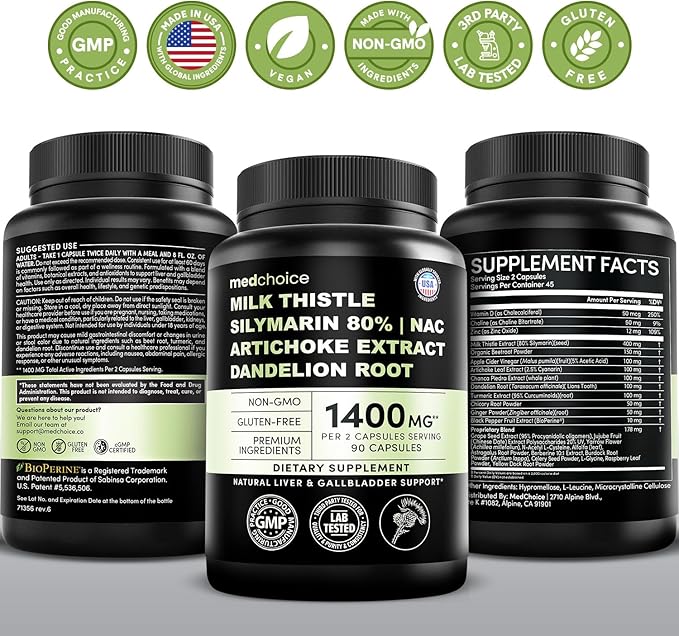 Milk Thistle Supplement w/ NAC, Artichoke & Dandelion – Liver Support Supplement & Gallbladder Supplements in One – Liver Detox – Milk Thistle & Liver Care Supplements – 90 Vegan Capsules, Pack of 1