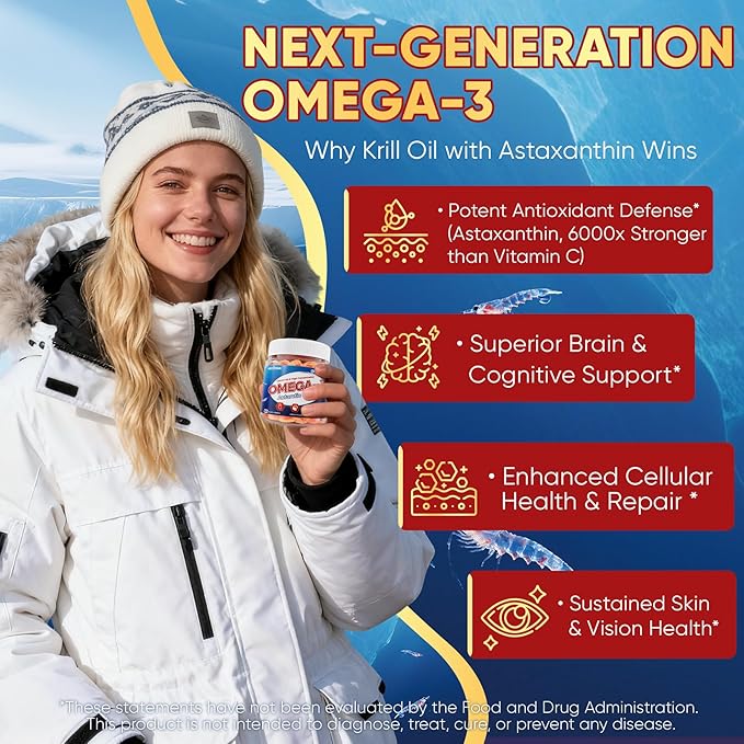 Liposomal Antarctic Krill Oil Gummies 2000mg - Cellular Level Absorption Omega-3 with EPA, DHA & Astaxanthin - Antioxidant & Brain Support - Fish Oil Supplements Alternative - Sugar Free - 60 Count