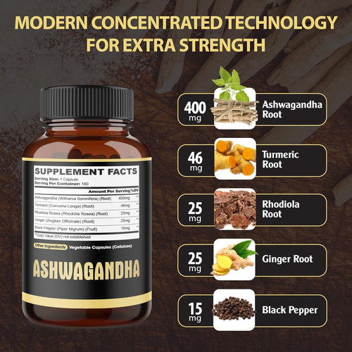 5in1 Premium Ashwagandha Capsules - Added Turmeric, Rhodiola Rosea, Ginger, Black Pepper - Strength, Spirit & Immune Support - 180 Caps for 6 Months