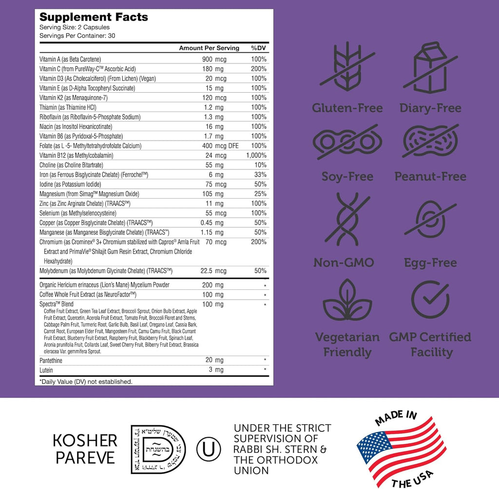 Zahler - Multivitamin Brain Supplement (60 Count) Kosher Brainfood Capsules for Adults with Neuro Factor & Lion's Mane - Nootropic Brain Supplements for Memory Support - Focus Mental Energy Boost