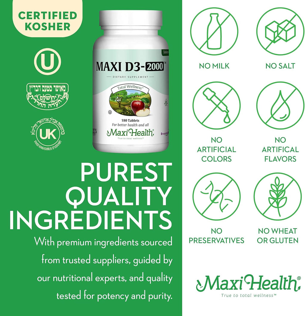 Maxi Health Vitamin D3 2000 IU - for Healthy Muscle Function, Bone Health and Immune Support – 180 Tablets – Best Kosher Supplement for Adults