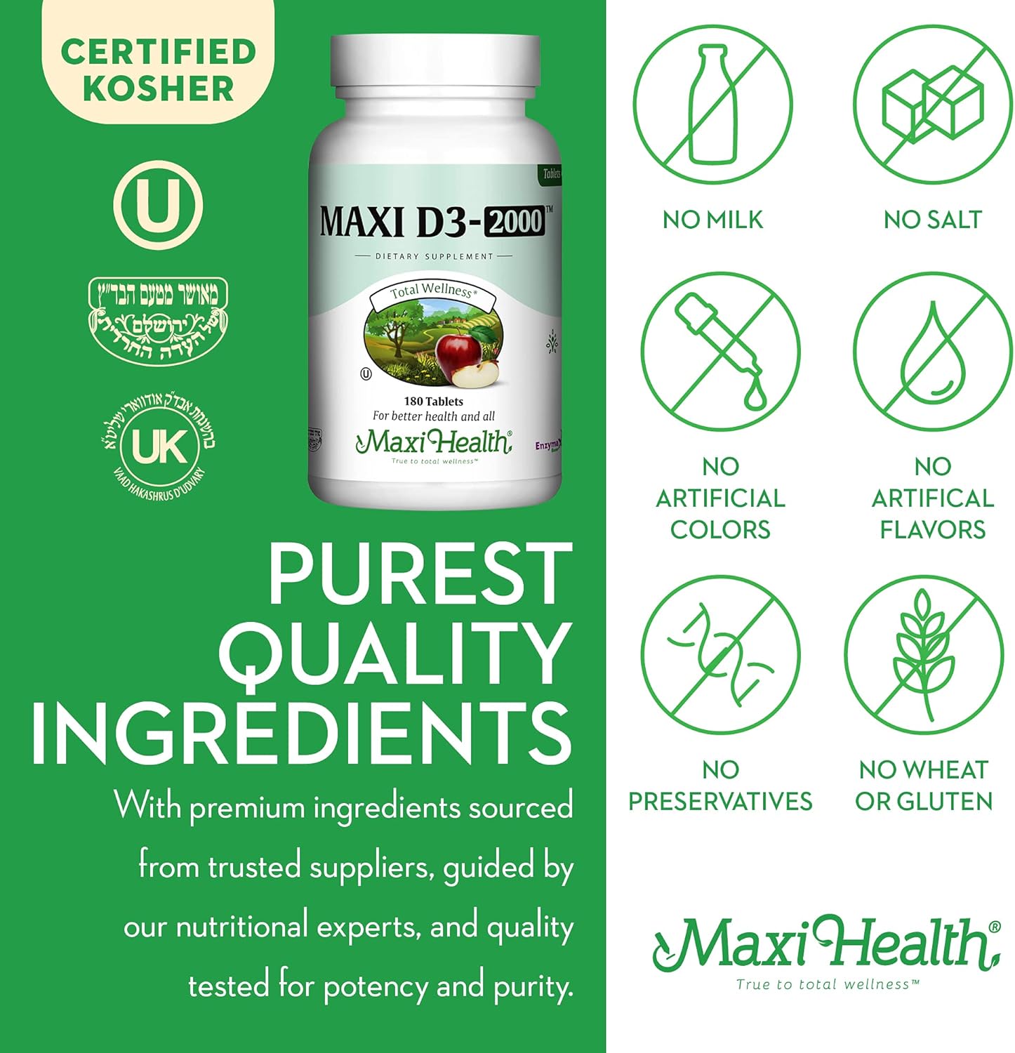 Maxi Health Vitamin D3 2000 IU - for Healthy Muscle Function, Bone Health and Immune Support – 180 Tablets – Best Kosher Supplement for Adults