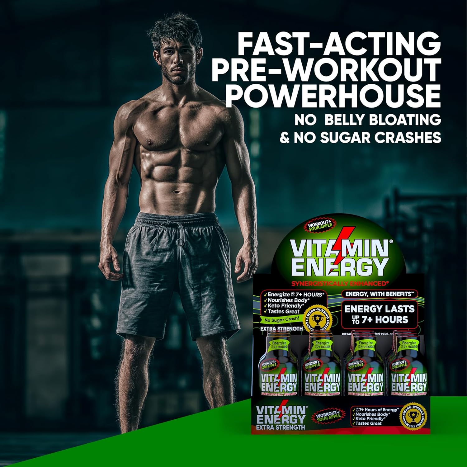 Vitamin Energy Workout+ Extra Strength Energy Shot Sour Apple 10 Pack, 260mg Natural Caffeine, Pre-Workout, B-Vitamins, Minerals, Endurance & Performance, Zero Sugar, Gluten-Free, Vegan, 1.93 fl oz