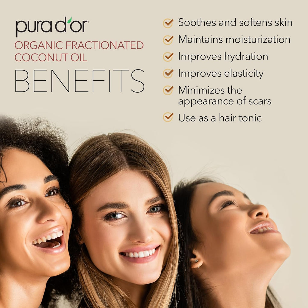 PURA D'OR 16 Oz ORGANIC Fractionated Coconut Oil – USDA Certified – MCT Oil – Therapeutic, Hydrating, Lightweight Moisturizer – Hexane Free Carrier Oil For Essential Oils & Massage – Face, Hair & Body